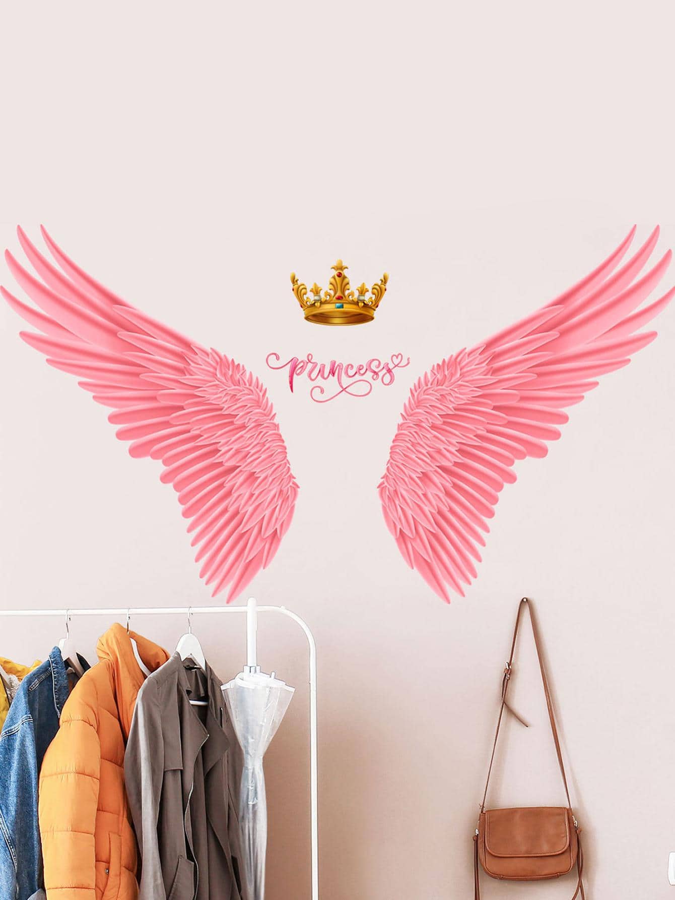 1入組翅膀和皇冠圖案牆現代PVC牆貼適用於家庭牆面裝飾 - 粉色 - 查看 1