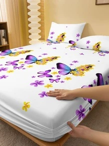 1pc Butterfly & Floral Pattern Fitted Sheet, Modern Fabric Fitted Bottom Sheet For Bedroom, All Season - Multicolor - View 2