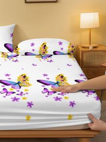 1pc Butterfly & Floral Pattern Fitted Sheet, Modern Fabric Fitted Bottom Sheet For Bedroom, All Season - Multicolor - View 1