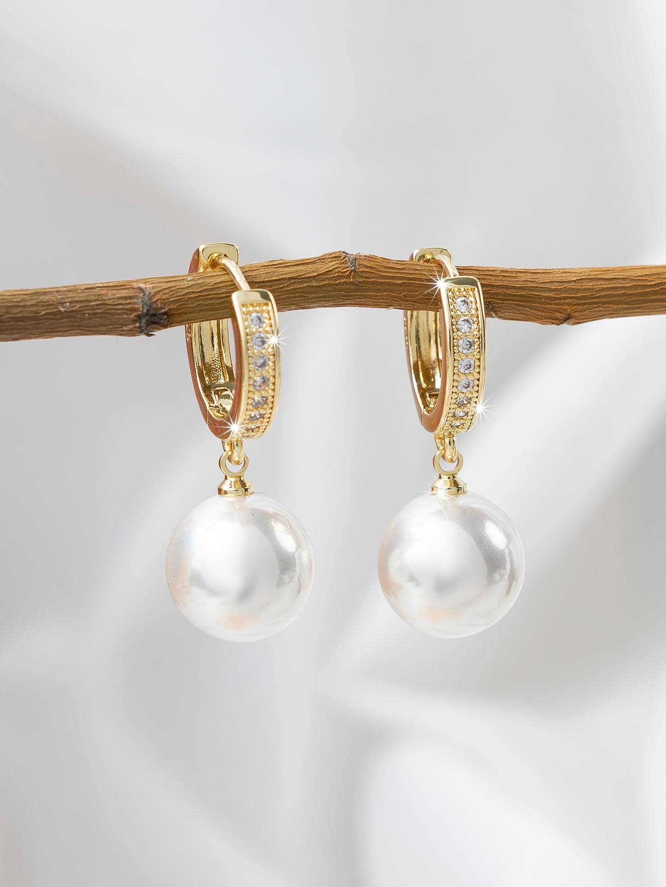 1 对时尚简约百搭金银锆石仿珍珠巴洛克珍珠女士环形耳环，奢华高端精致优雅珠宝，婚礼，派对，礼物 - 金黃色 - 查看 1