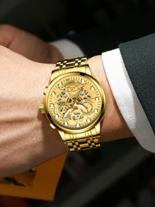1pc Black Metal Strap Business Date Water Resistant Round Dial Quartz Watch, For Daily Life - Black - View 2