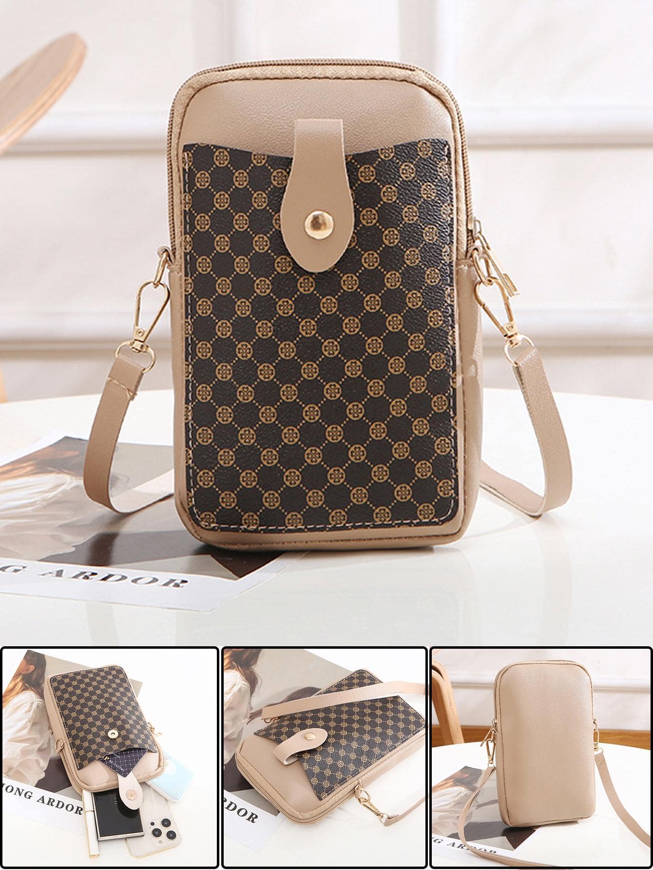 幾何樣式時尚斜肩包迷你手機包適用於口紅 - 杏色 - 查看 1