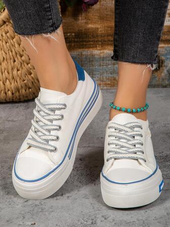 女士條紋圖案前繫帶休閒運動戶外帆布鞋