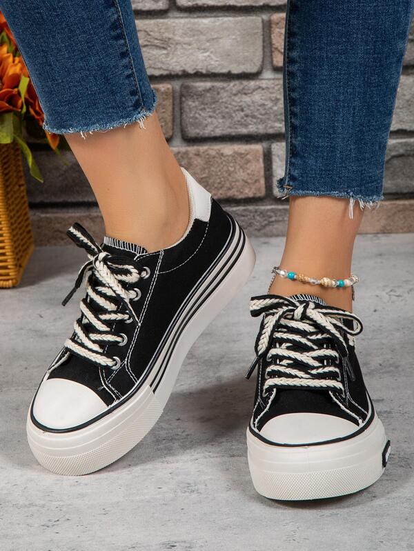 Women Two Tone Lace Up Front Casual Shoes, Sporty Outdoor Canvas Shoes