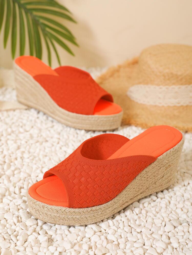 Women Minimalist Espadrille Wedge Slide Sandals, Vacation Orange Fabric Sandals
