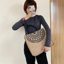 1pc Shopping Storage Bag Geometric Pattern Tote Bag, Durable, Large Capacity For Shopping, Travel, Outdoor Activities For Vacation - Black - View 3