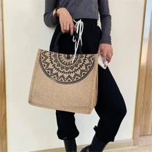 1pc Shopping Storage Bag Geometric Pattern Tote Bag, Durable, Large Capacity For Shopping, Travel, Outdoor Activities For Vacation - Black - View 4