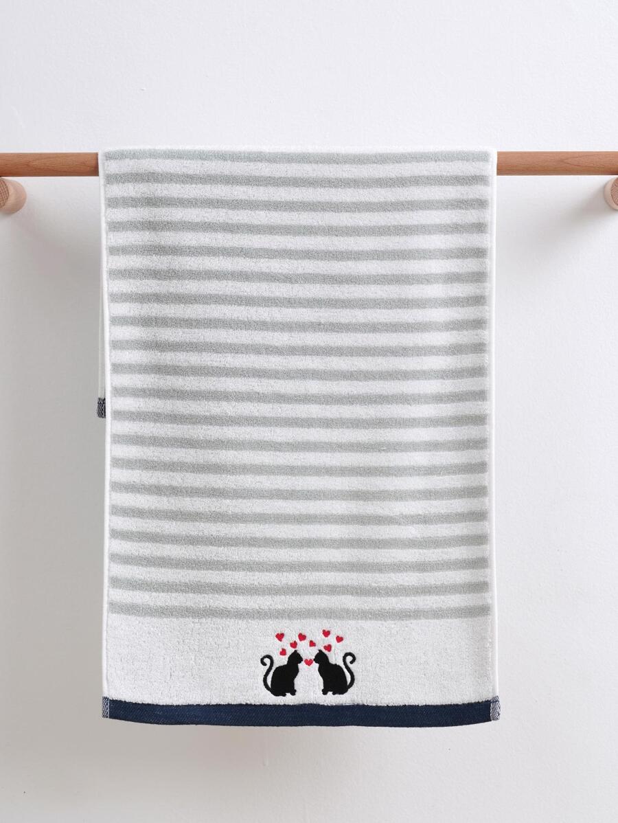 1pc Cartoon Embroidery Bath Towel/Hand Towel, Striped Towels For Bathroom, Pool, Different Sizes