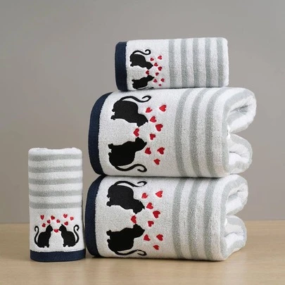 QIBHI 1/2/3pcs Cartoon Embroidered Bath Towel Or Face Towel, Striped Absorbent Washcloth/Bath Towel For Bathroom, Pool, Available In Different Sizes Sold Separately - Choose Your Preferred Size Shower Towels For Beauty Salon, Hotel Sports,Home Essentials, Towel, Skin Care Bath Towel Sheet