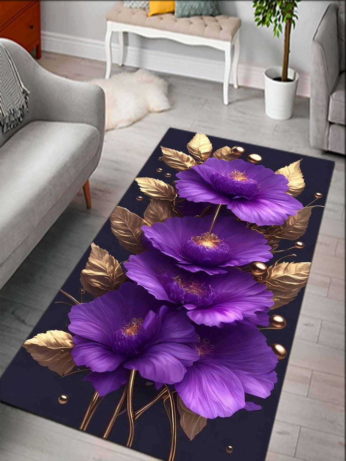1pc Floral Pattern Anti-slip Rug, Modern Polyester Anti-slip Floor Carpet For Home