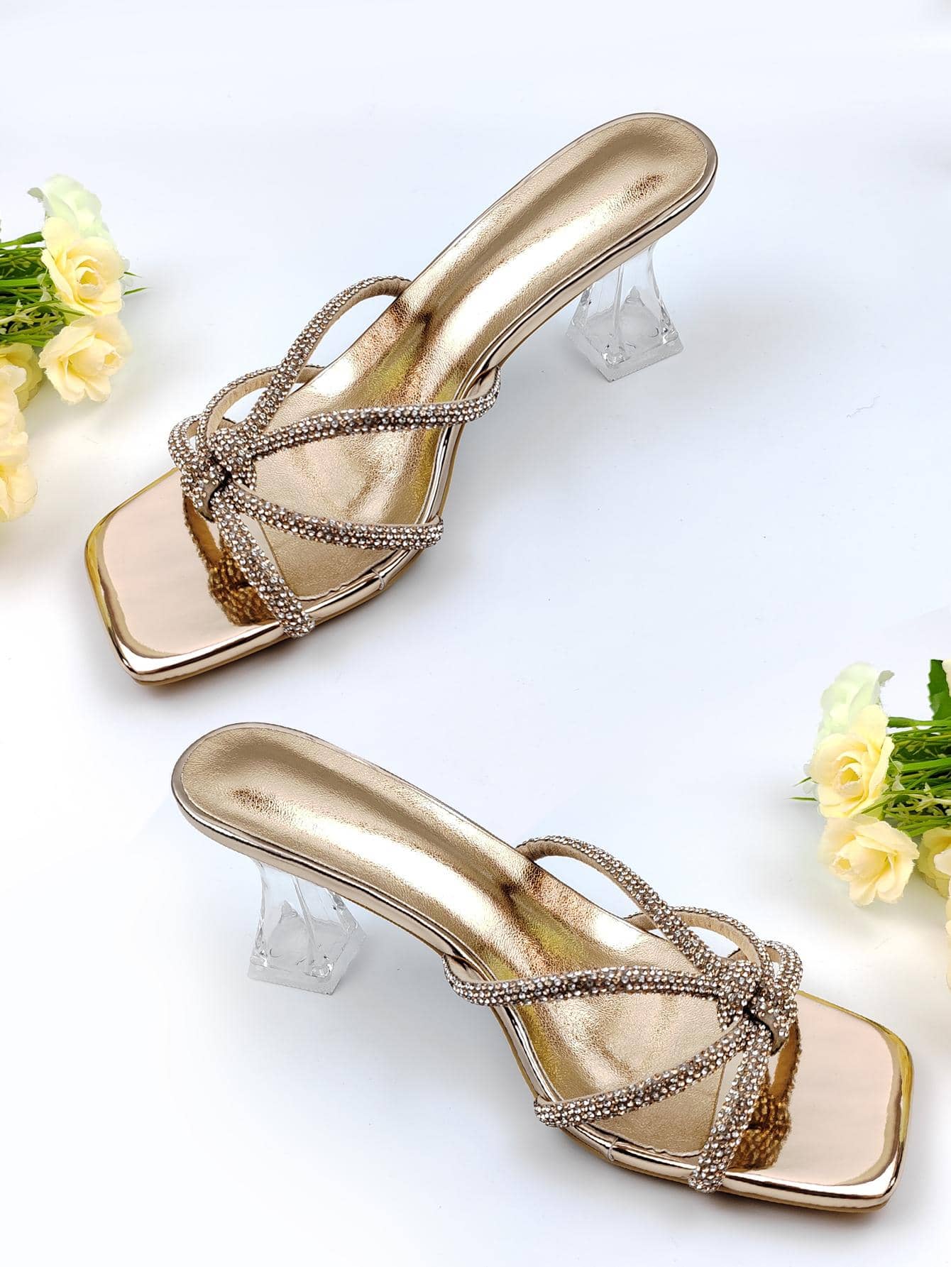 女性水鑽裝飾透明酒杯高跟穆勒魅力四射香檳色涼鞋 - 香檳色 - 查看 1