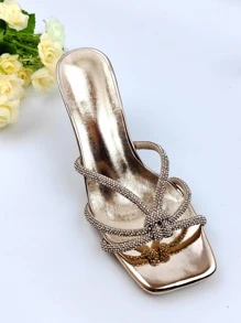 女性水鑽裝飾透明酒杯高跟穆勒魅力四射香檳色涼鞋 - 香檳色 - 查看 6