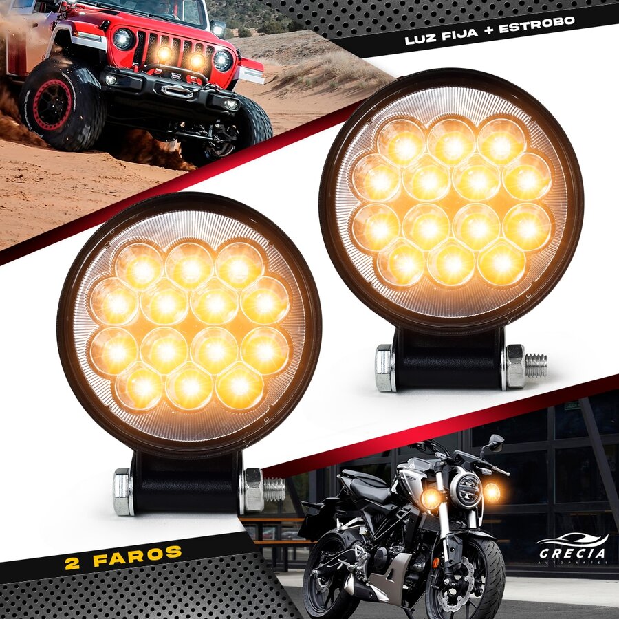 Headlights 14 Or 16 LED Round Square Mini Fixed Light And Strobe Pair - Yellow - View 1