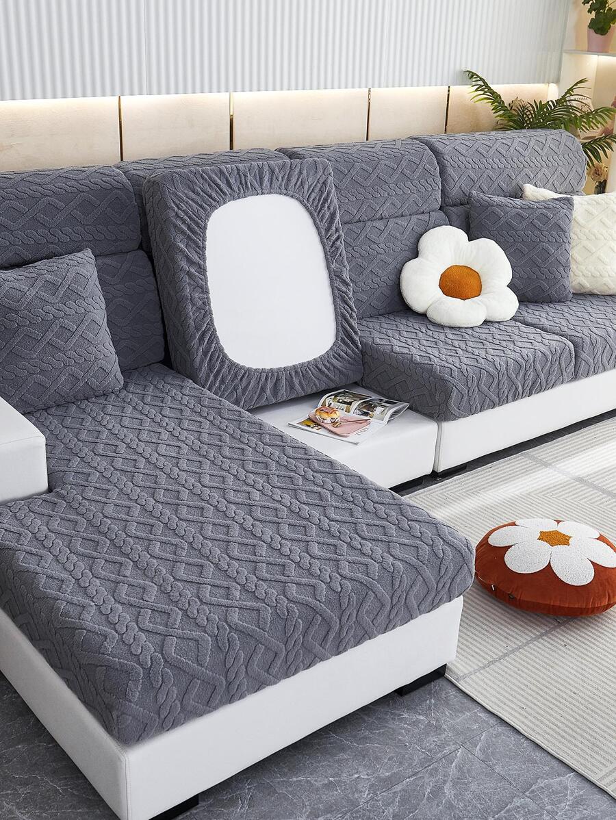 1pc Thickened Warm Flocking Jacquard Universal Non-Slip Sofa Seat Cushion Cover, Soft Cozy Modern Style Pet Proof Elastic Sofa Slipcover For Living Room L-Shaped Combination Sofa And 1/2/3/4 Seat Sofa (Sold Individually) - Dark Grey - View 1