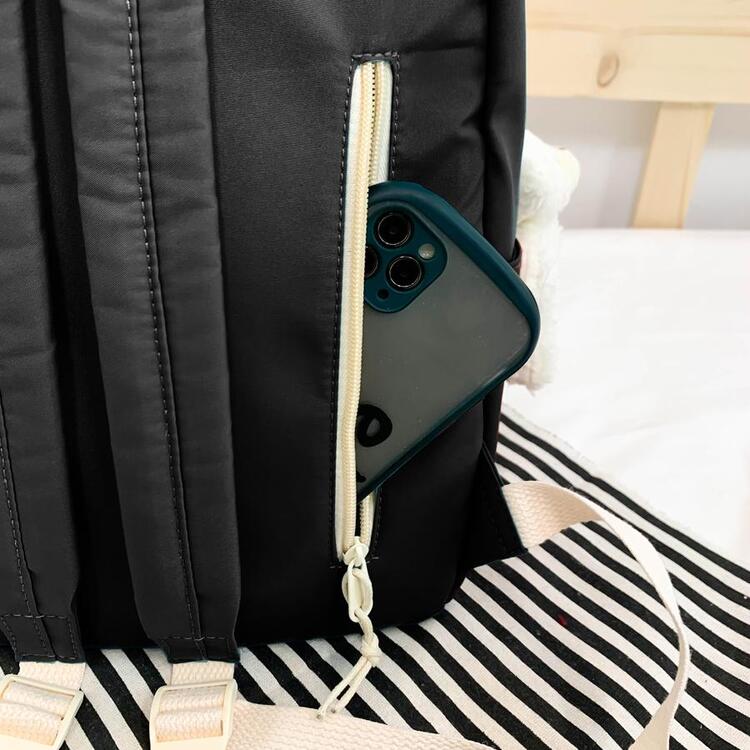 Bloco De Cores Decoração De Remendo De Letras Mochila Funcional Formal - Preto - Ver 6