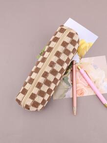 1入組格紋圖案鉛筆創意多用途筆袋 - 棕色 - 查看 12