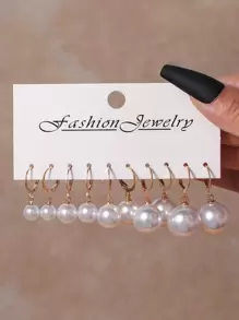 4對/套人造珍珠裝飾耳環 - 彩色 - 查看 1