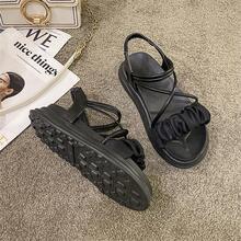 女士抽褶設計踝帶時尚黑色平底涼鞋