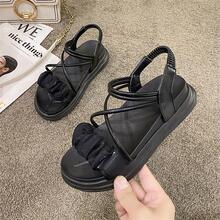 女士抽褶設計踝帶時尚黑色平底涼鞋