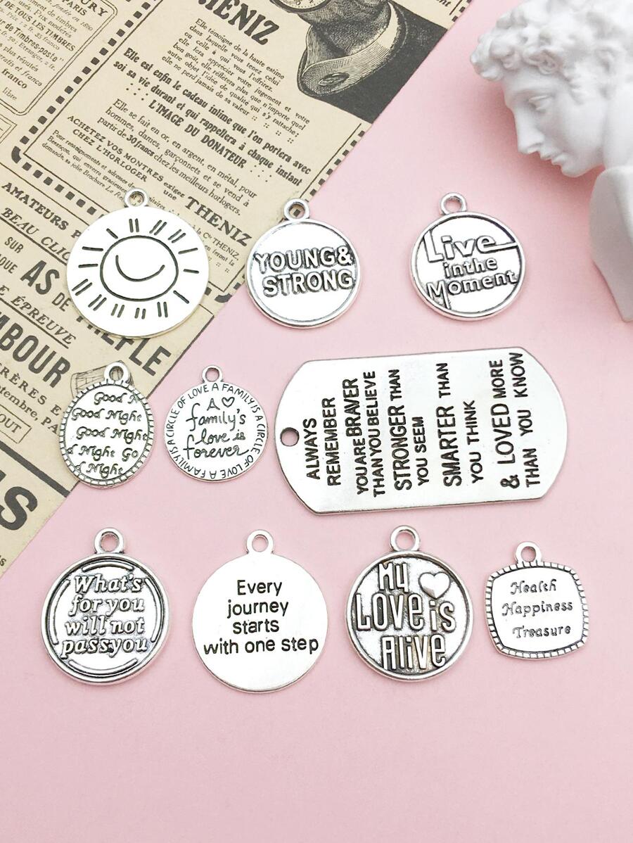 10入組/套標語細節圓形DIY吊墜 - 銀色 - 查看 1
