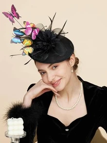 1pc Women's Butterfly Fascinator Hat Feather Derby Tea Party Hat Monarch Butterfly Wedding Tea Party Headband Fascinators - Black - View 2