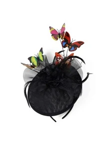 1pc Women's Butterfly Fascinator Hat Feather Derby Tea Party Hat Monarch Butterfly Wedding Tea Party Headband Fascinators - Black - View 4