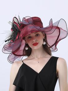 HIMESPORT Mũ Thời Trang Màu Đỏ Rượu Vang Cho Nữ Kentucky Derby Hồng Đàn Organ Mũ Nữ Tiệc Trà Cưới Cô Dâu Lớn Vành Rộng Fascinator Vintage Fedoras - Màu Đỏ Sâu - Xem 5