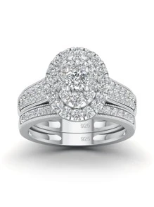 2 cái/bộ Đúng mốt Thanh lịch Sang trọng Nhẫn cưới Bộ Với 925 sterling bạc Và Màu vàng Zirconia Đối với Hoàn hảo Cho đám cưới , Hôn ước , Ngày kỷ niệm , Và Trang sức cô dâu - Bạc - Xem 3