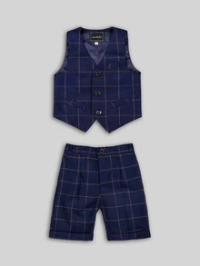 小男童格紋印花馬甲和短褲和襯衫和系帶