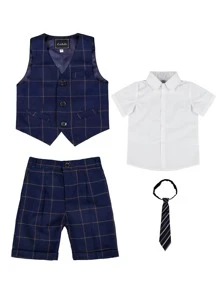 小男童格紋印花馬甲和短褲和襯衫和系帶