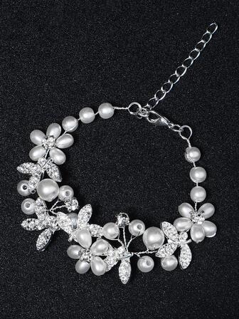 1入組女士珍珠和水鑽裝飾奢華婚禮手環適合婚禮派對