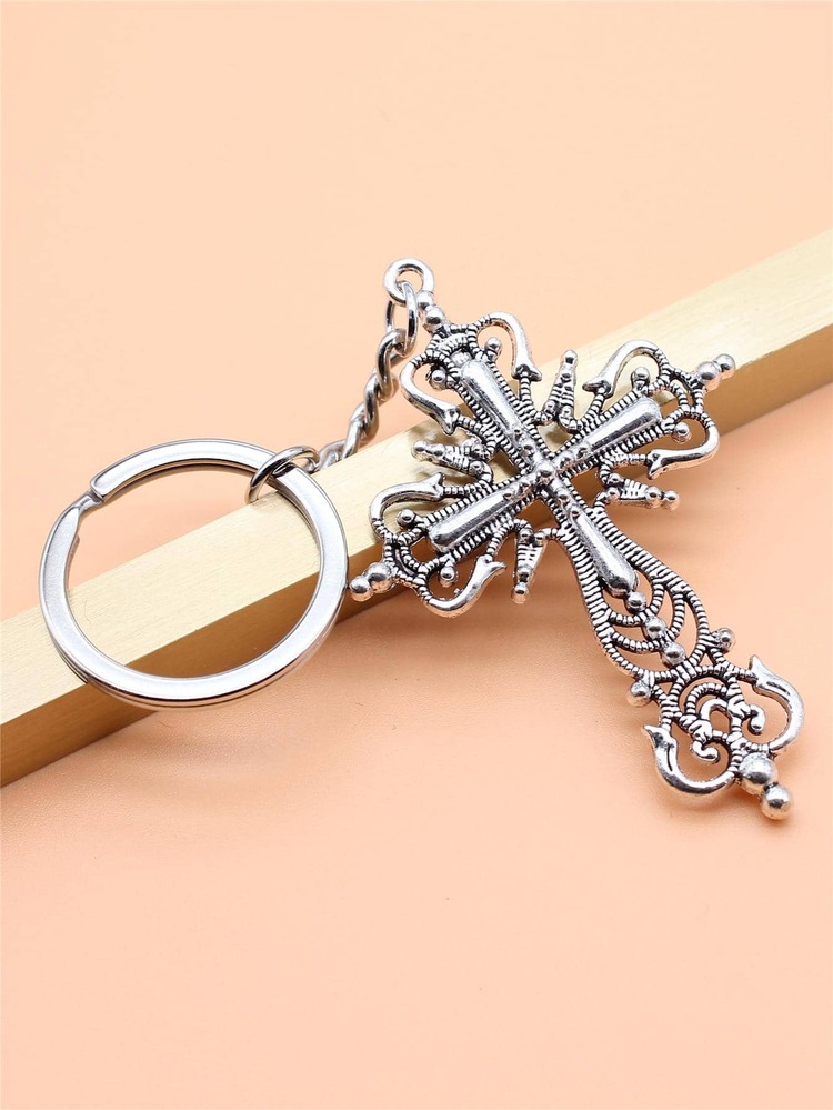 1入組大十字形掛飾鑰匙圈 - 復古銀色 - 查看 1