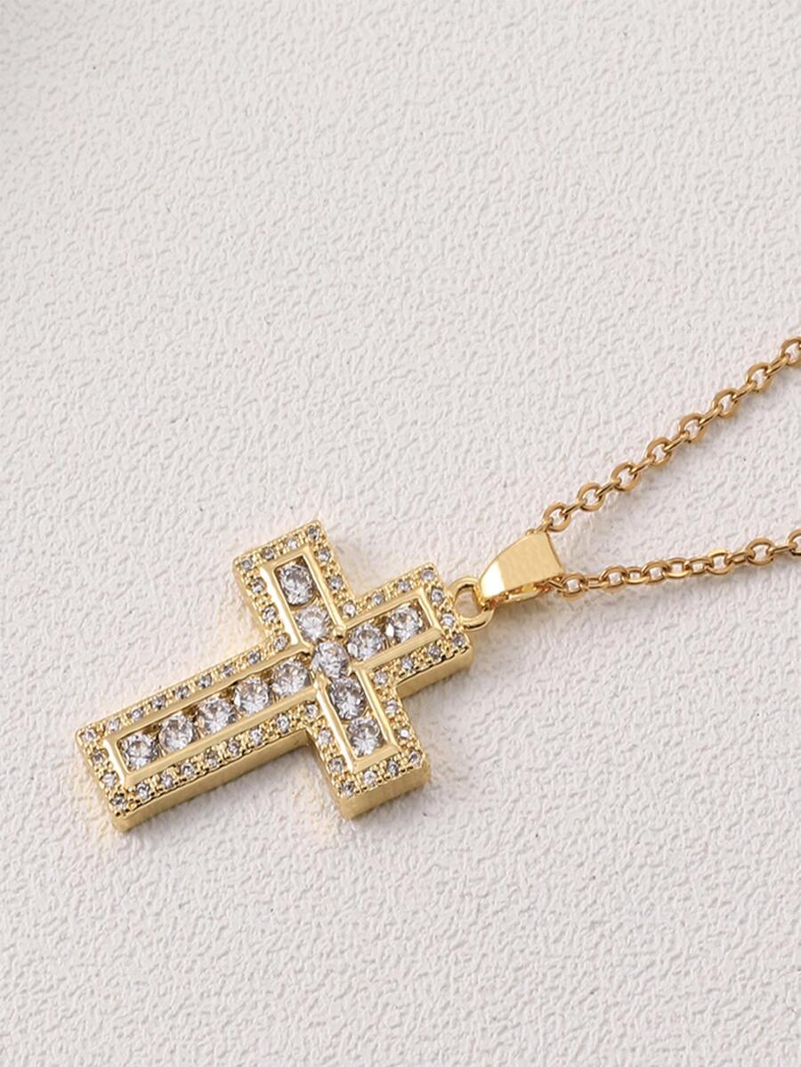 男士水鑽十字吊飾項鍊，打造時尚造型，適合派對禮物 - 金黃色 - 查看 1