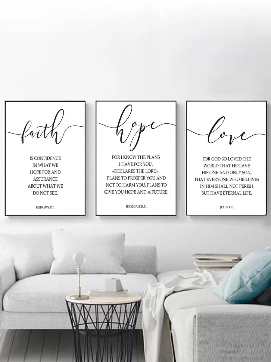 3件套装饰墙画框，简约海报，积极语录，关于信仰、希望和爱的定义，艺术印刷品，家居装饰材料 - 黑與白 - 查看 1