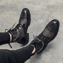 男士鏈條裝飾鏤空設計黑色戶外網紗馬丁靴 - 黑色 - 查看 7