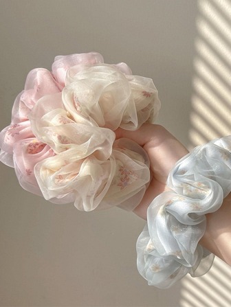 3pcs/Set Floral Scrunchies, Oversized Hair Ties, Elegant Hair Accessories, Back To School Ponytail