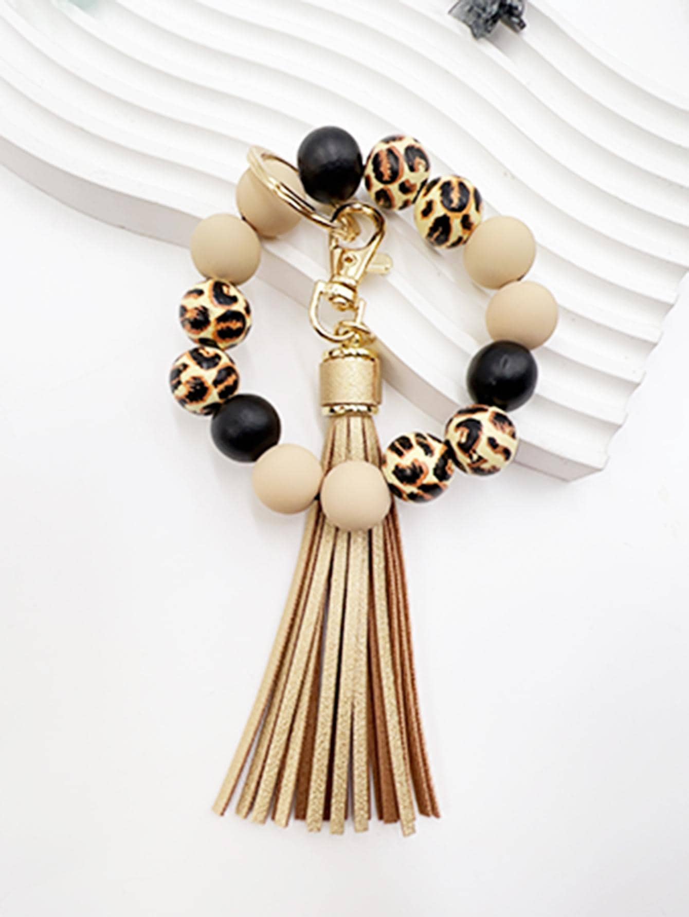 1pc Women Leopard Pattern Bead Decor Fashionable Keychain For Key