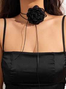 Flower Decor Long Necklace - Black - View 1