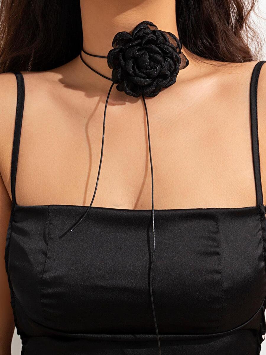 Flower Decor Long Necklace - Black - View 1