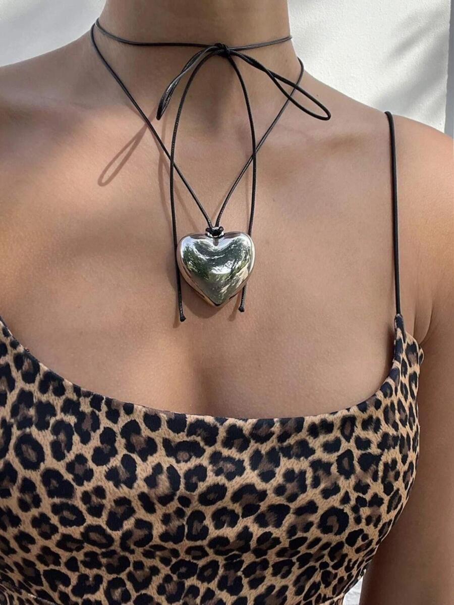 愛心掛飾長項鍊 - 銀色 - 查看 1