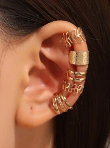 5入組/套鏤空樹葉設計耳夾 - 金黃色 - 查看 1