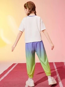 Girls Bear Print Contrast Trim Tee & Ombre Sweatpants Set