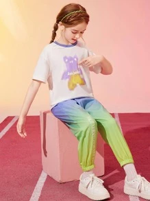 Girls Bear Print Contrast Trim Tee & Ombre Sweatpants Set