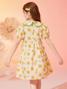 女孩印花彼得潘領泡泡袖娃娃裙 - 彩色 - 查看 3