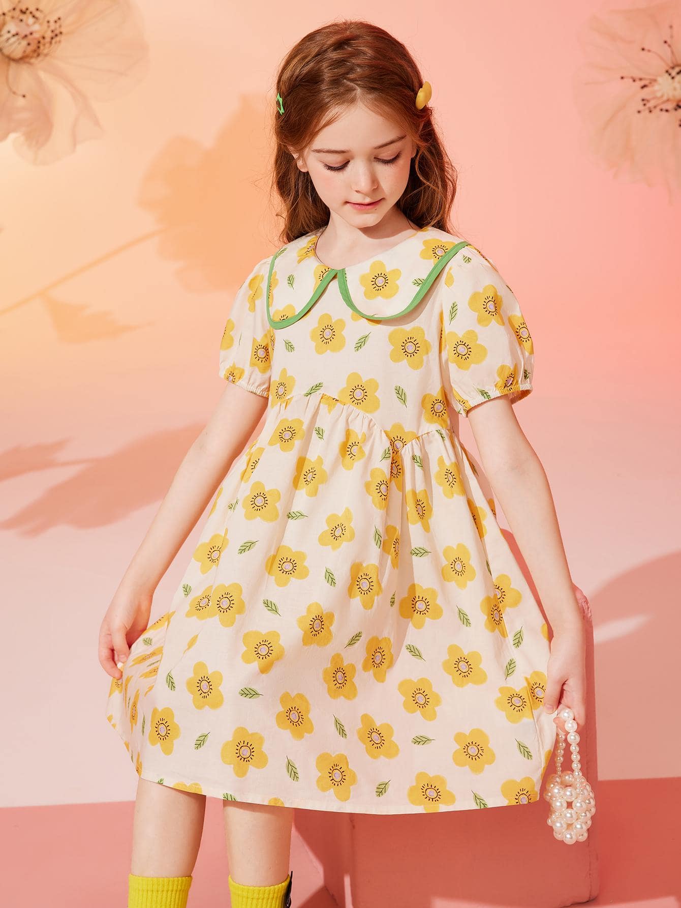 女孩印花彼得潘領泡泡袖娃娃裙 - 彩色 - 查看 1