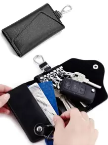 鑰匙錢包多功能分離式皮革鑰匙圈汽車鑰匙包商務鑰匙包男女包零錢包 - 黑色 - 查看 1