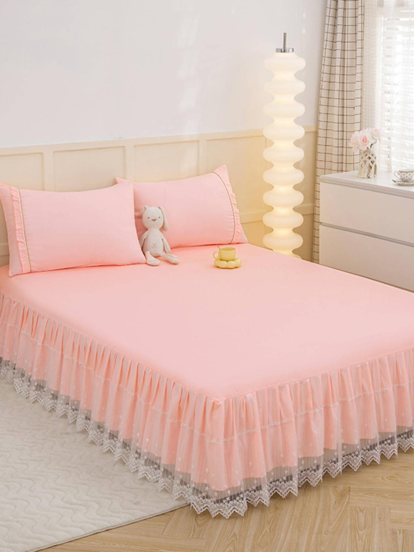 1 Váy Ngủ Ren Trắng, Váy Ngủ Ren Giặt Nước Phong Cách Đơn Giản Phù Hợp Với Phòng Ngủ Cho Tất Cả Các Mùa (Chỉ Váy Ngủ, Không Bao Gồm Vỏ Gối) - Màu Hồng  San hô - Xem 1