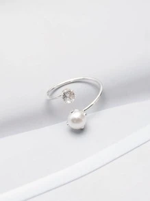 Mutiara Imitasi & Dekorasi Berlian Imitasi Manset Cincin Pengantin - Perak - View 1