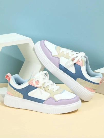 Sporty Skate Shoes For Men, Colorblock Lace-up Front Sneakers