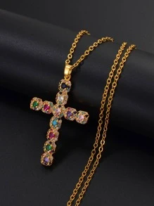 Màu sắc ngẫu nhiên Vòng cổ chữ thập đá Cubic Zirconia - Vàng - Xem 3